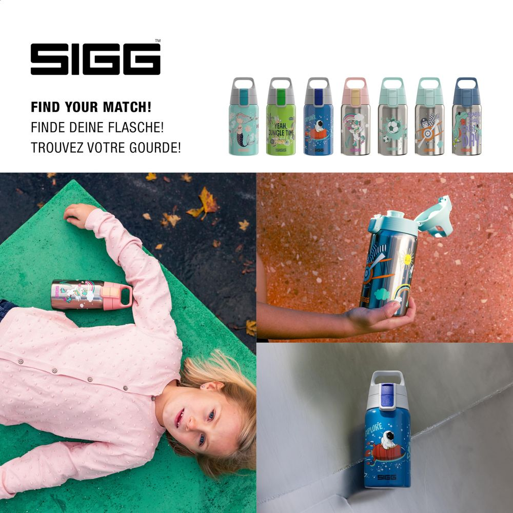SIGG-Wasserflaschen: Kinder, Design und Produktpräsentation.
