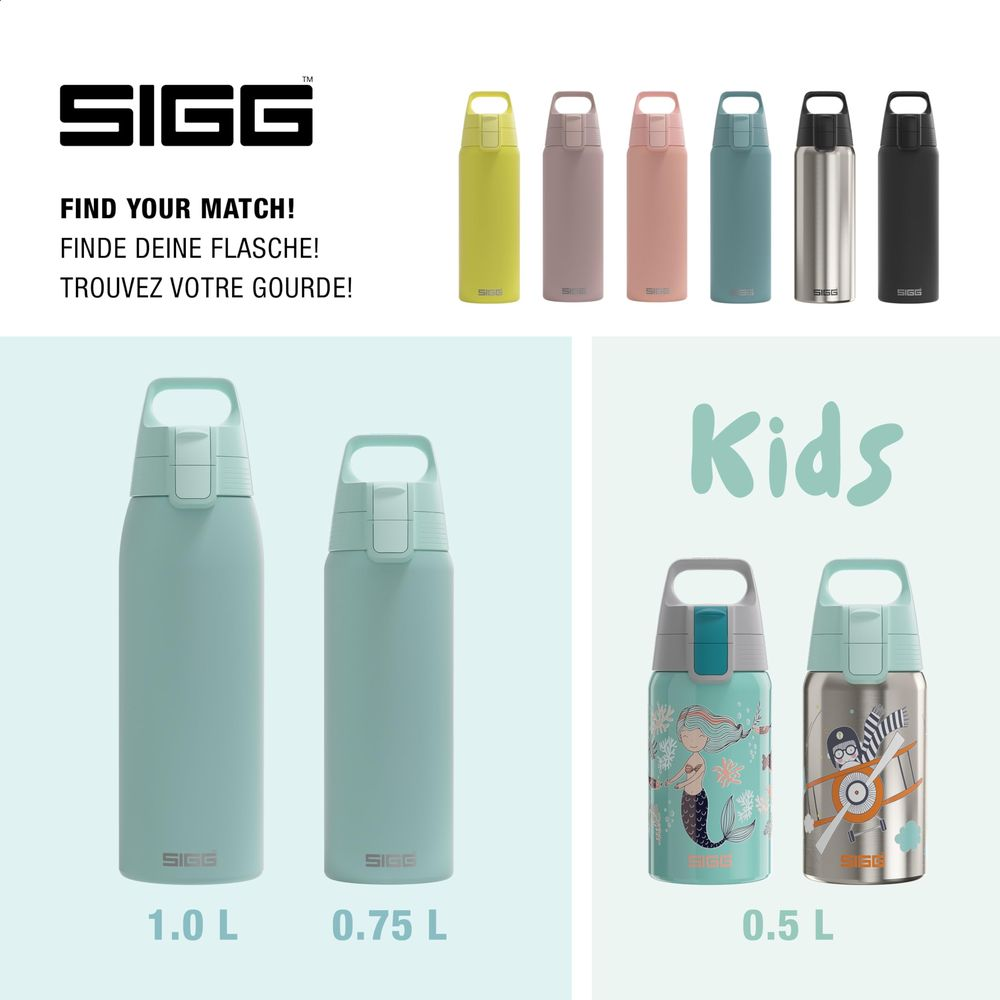 SIGG-Wasserflaschen: 1.0 L, 0.75 L und Kinderflaschen 0.5 L.