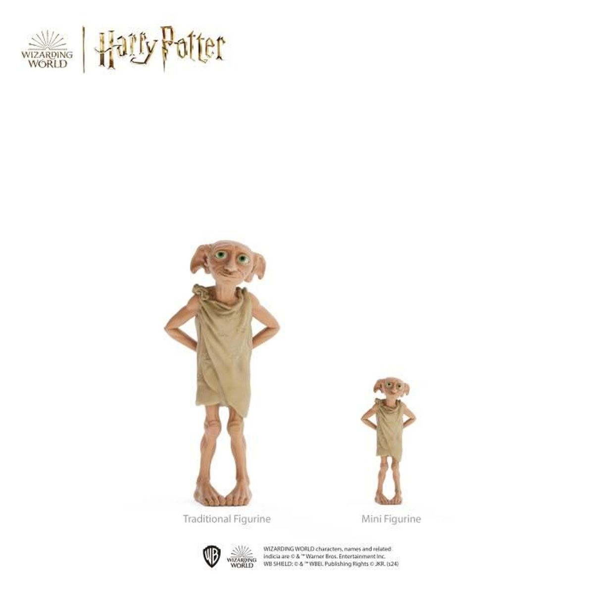 Dwie figurki Dobby z Harry'ego Pottera, jedna tradycyjna i jedna mini, na białym tle.