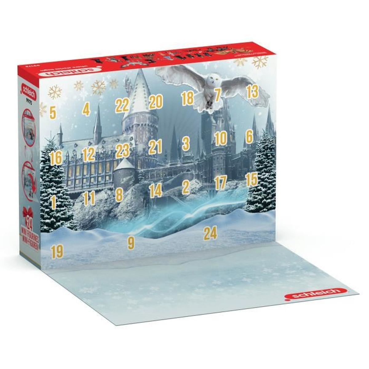 Kalendarz adwentowy Harry Potter z zamkiem Hogwart, sową śnieżną i numerami 1-24.