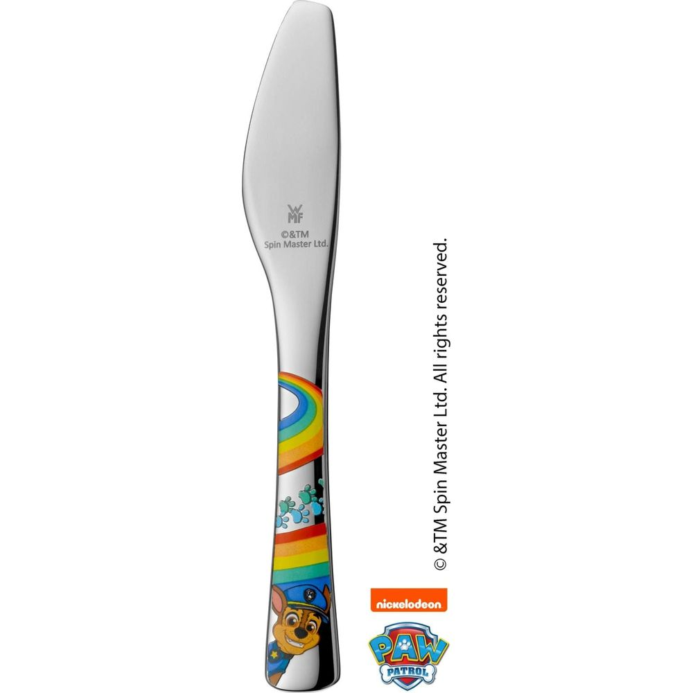 Ein Messer mit Paw Patrol-Motiv, Regenbogen und Chase. Metallisch glänzend.