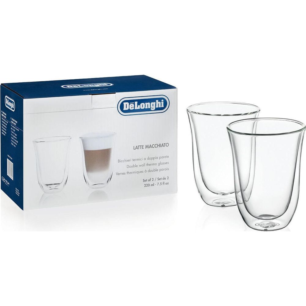 Dos vasos de doble pared con embalaje Delonghi para latte macchiato.