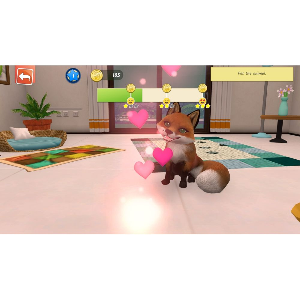 Ein Fuchs sitzt auf einem Teppich, umgeben von Herzen. Oben sind Spiel-Icons.