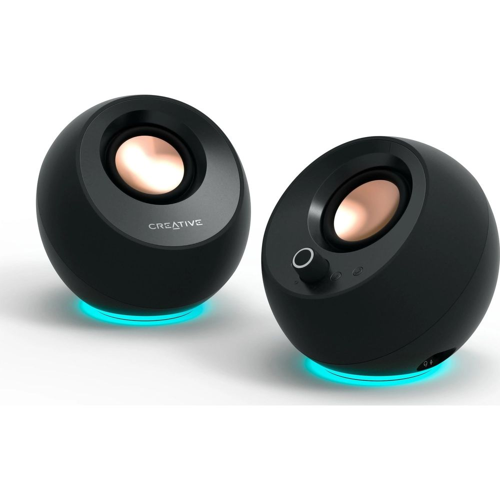 Zwei schwarze, kugelförmige Lautsprecher mit blauen LED-Lichtern.