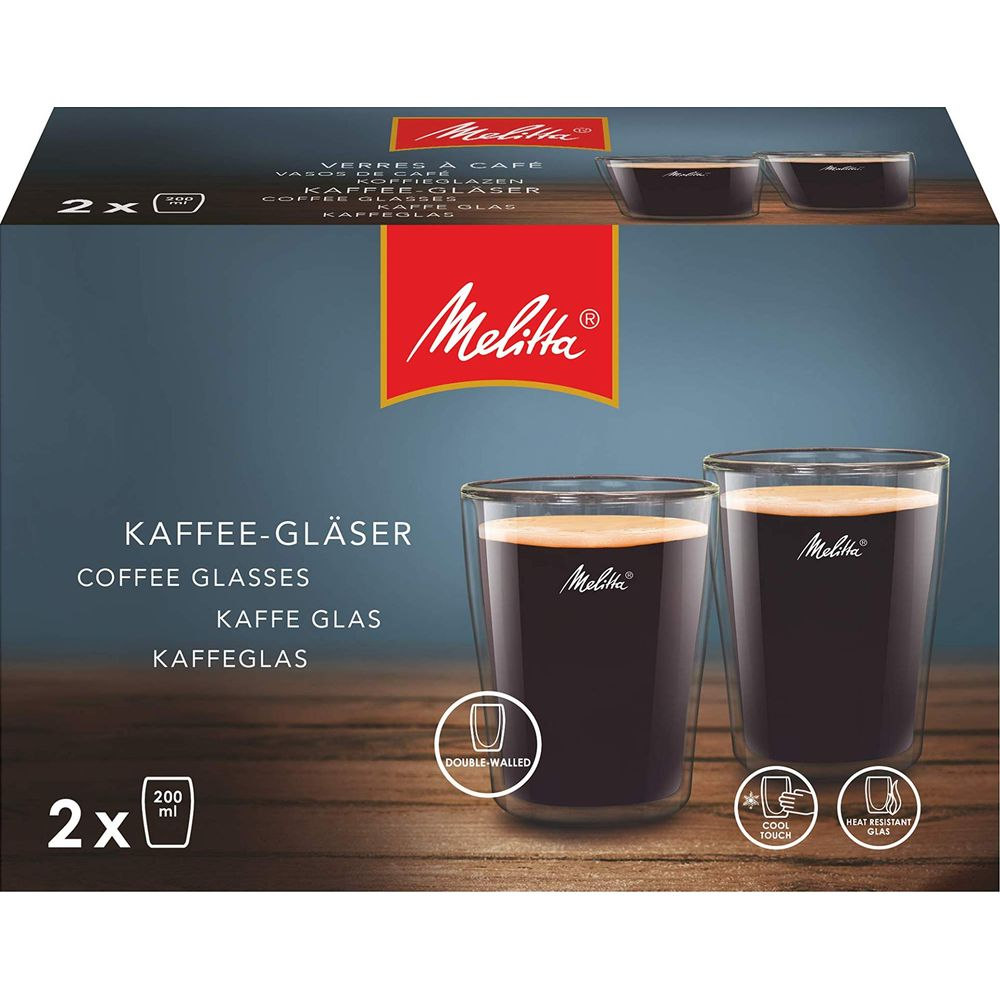 Zwei doppelwandige Melitta Kaffee-Gläser mit braunem Kaffee.
