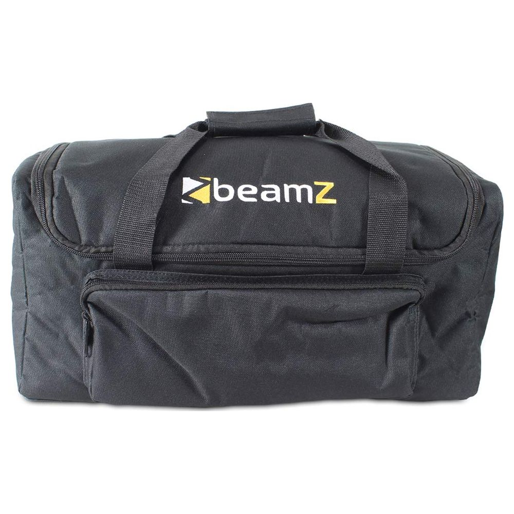 Bolsa de lona negra con logo BeamZ amarillo y bolsillos con cremallera.