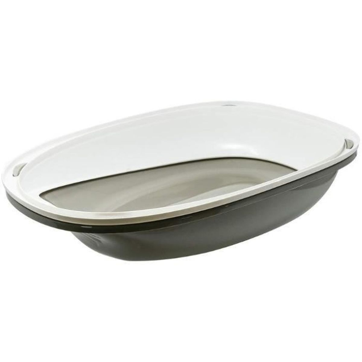 Una vasca da bagno per neonati grigio scuro con bordo bianco.
