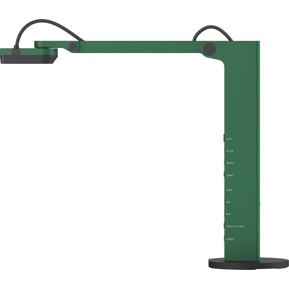 Braccio verde per document camera con base e cavo neri.