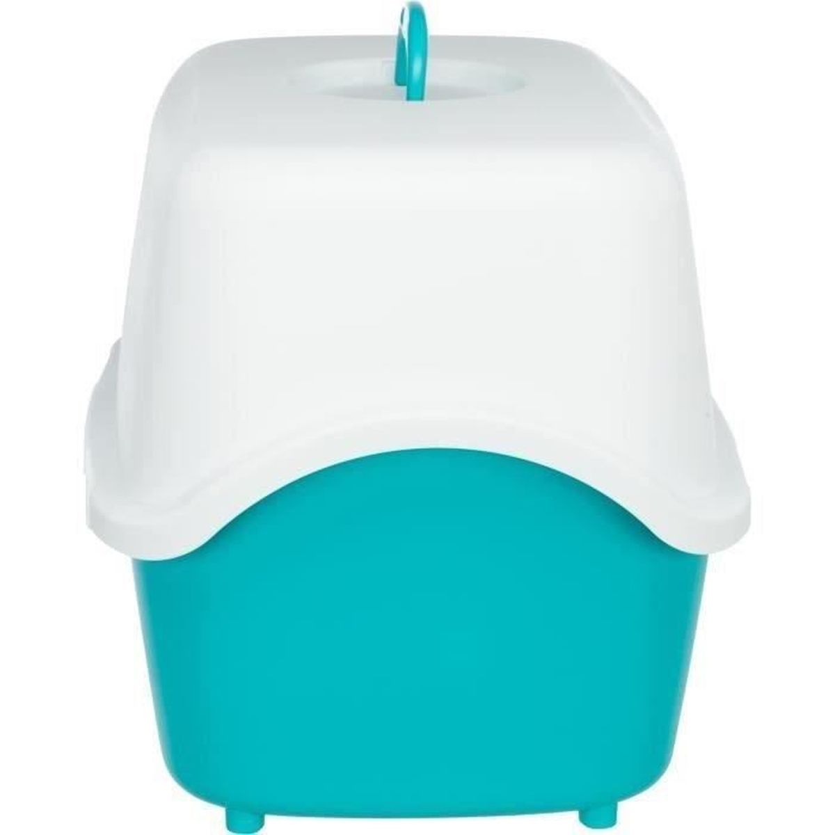 Un coperchio bianco per lettiera per gatti con base blu e manico.