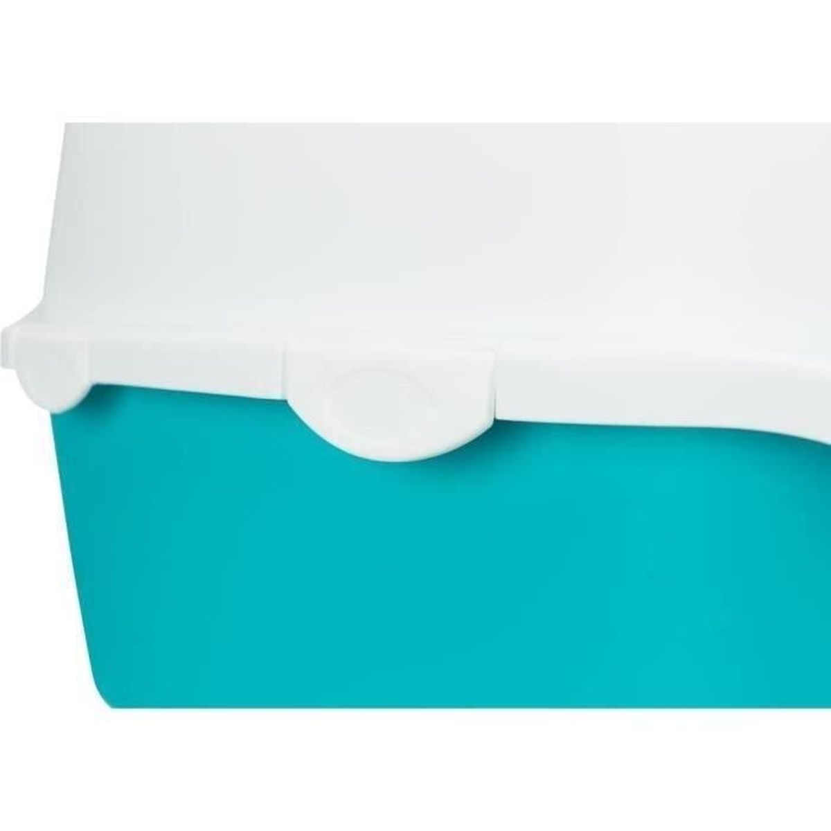 Un contenitore blu con coperchio bianco e chiusure.