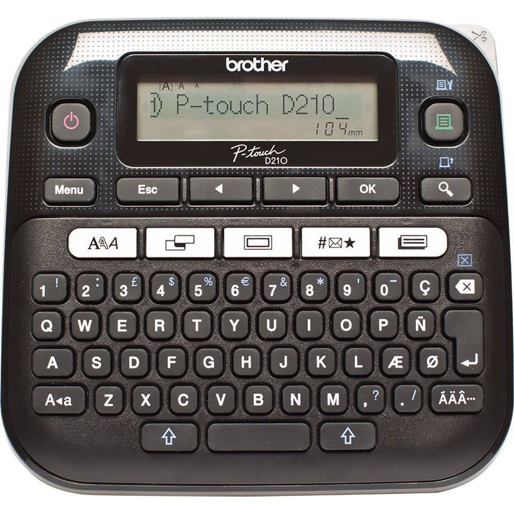 Une étiqueteuse Brother P-touch D210 noire avec clavier et écran LCD.