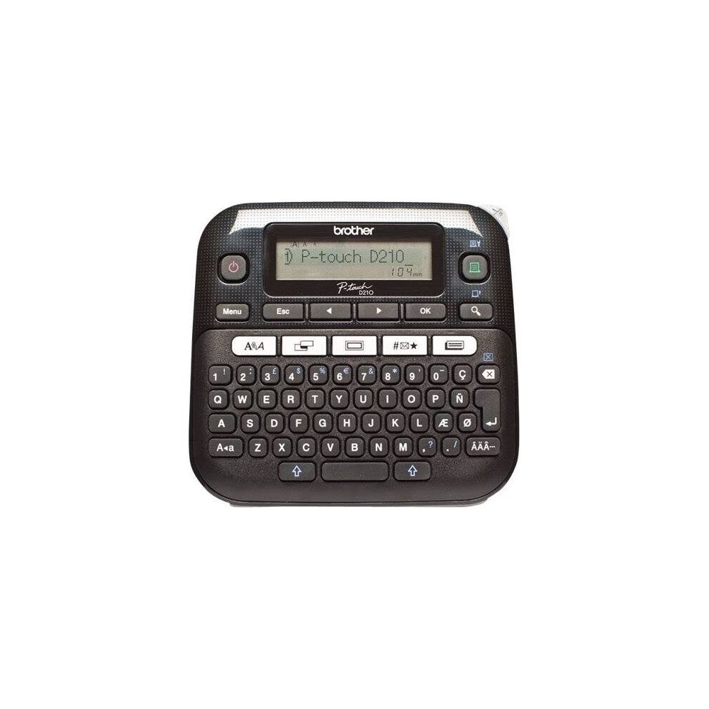Une étiqueteuse Brother P-Touch D210 noire avec clavier QWERTZ et écran LCD.