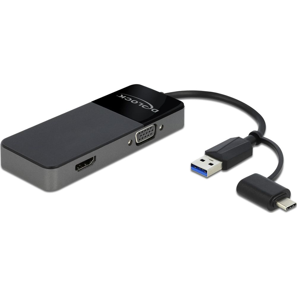 Un adattatore USB-C nero con porte HDMI, VGA e USB-A.