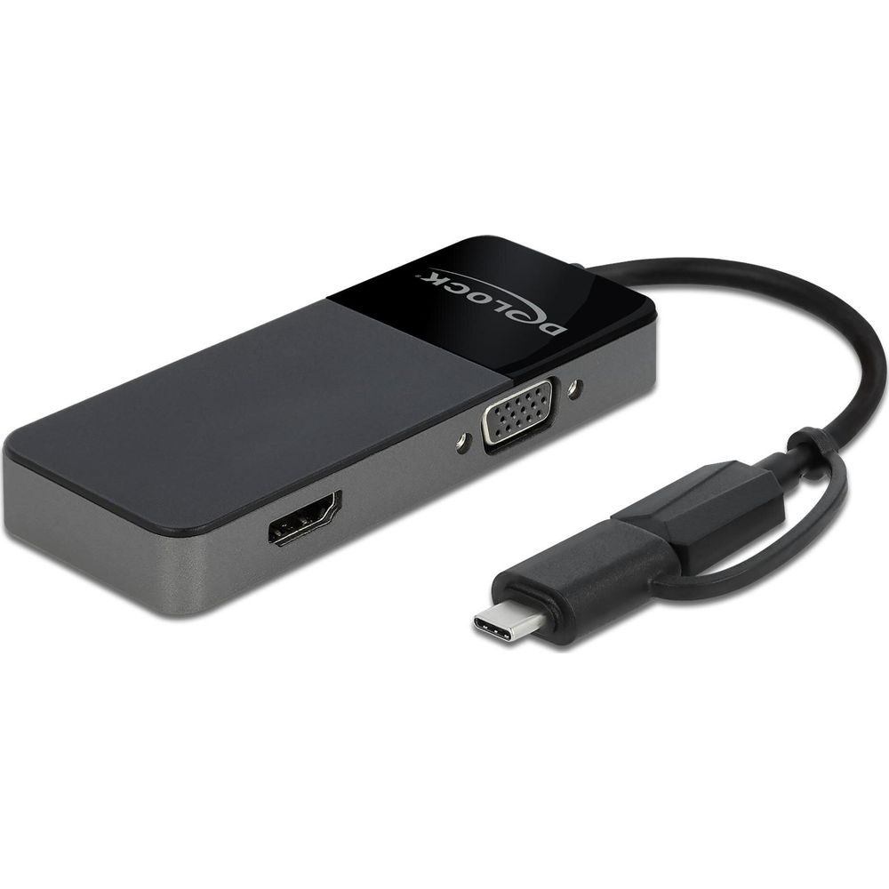 Un hub USB-C grigio compatto con porte HDMI, VGA e USB-C.