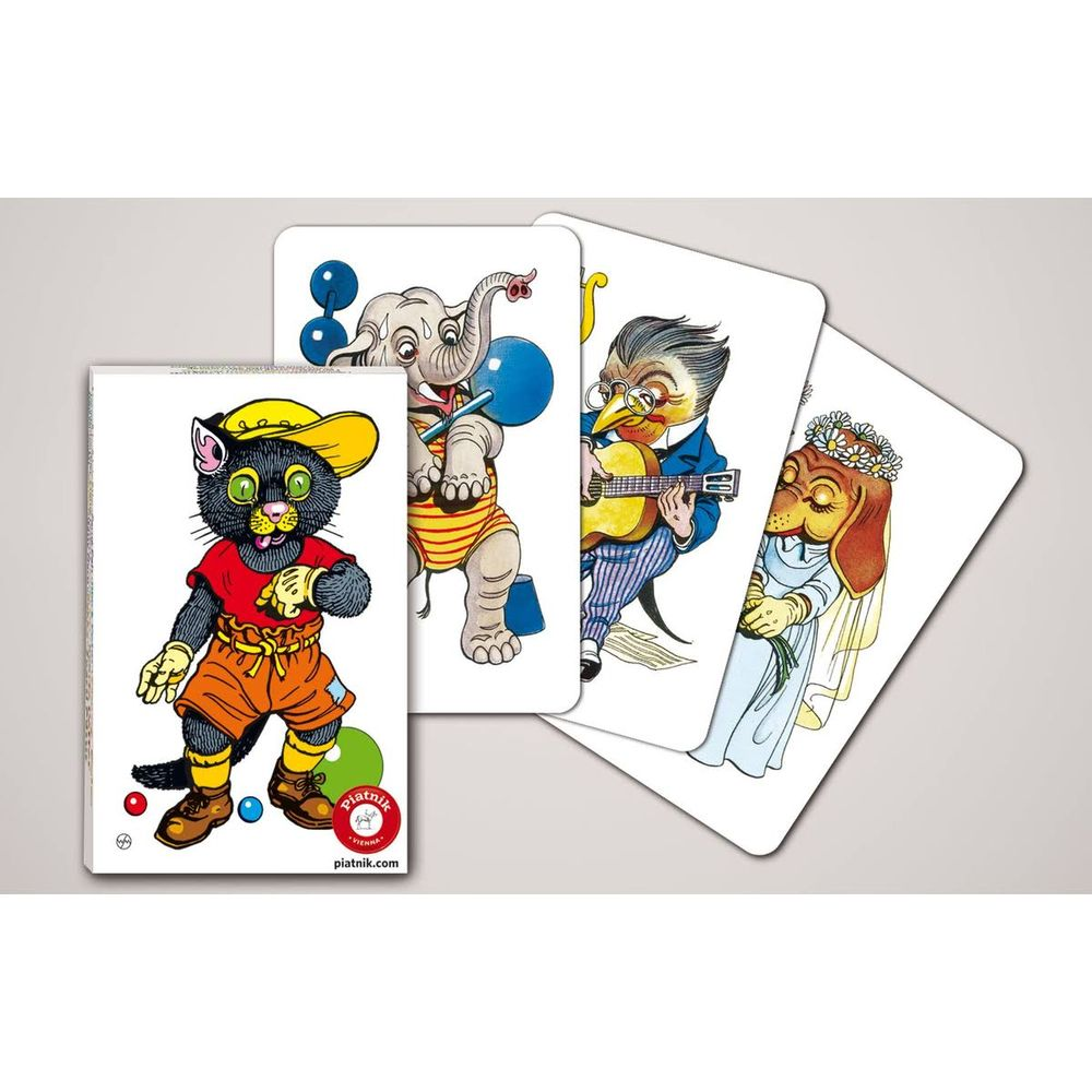 Cztery karty do gry z antropomorficznymi zwierzętami: kot, słoń, ptak, pies.