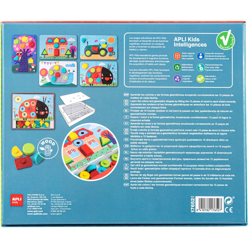 Jouet en bois avec formes géométriques et couleurs pour enfants.