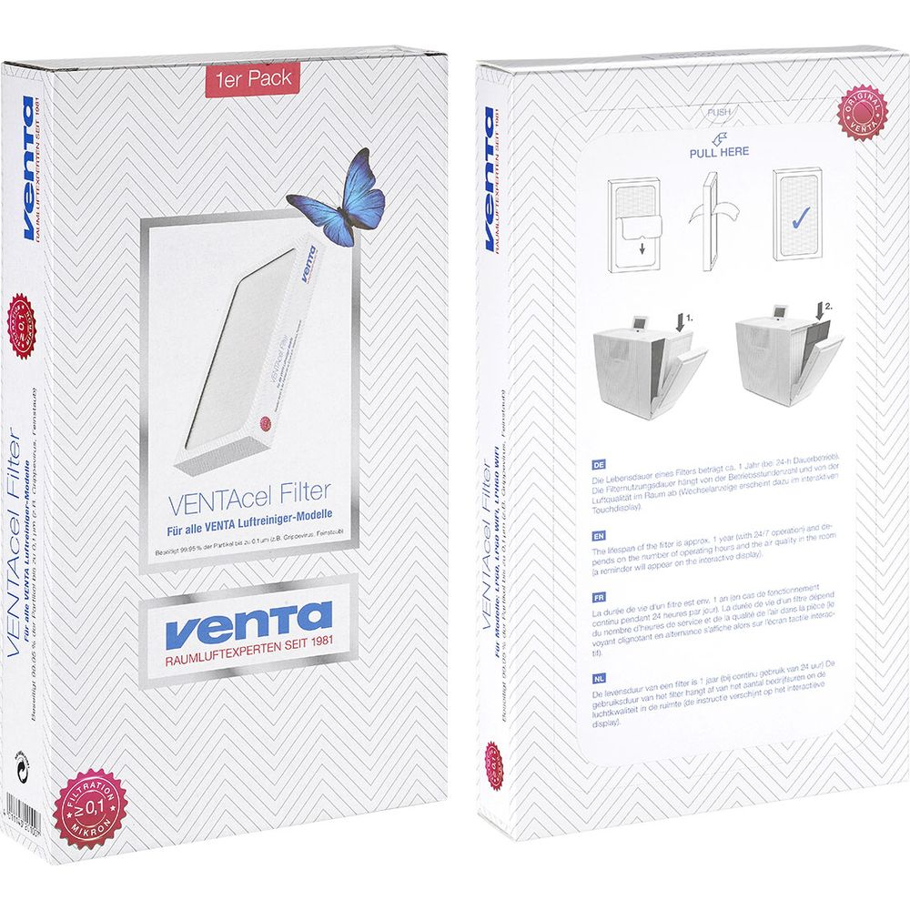 Vorderseite: Venta VENTAcel Filter Packung mit Schmetterling. Rückseite: Anleitungen.