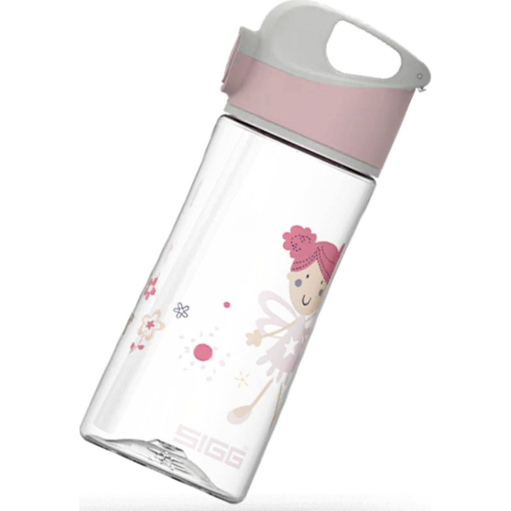 Klare SIGG-Flasche mit pinkem Deckel, mit Feendesign und Blumen.