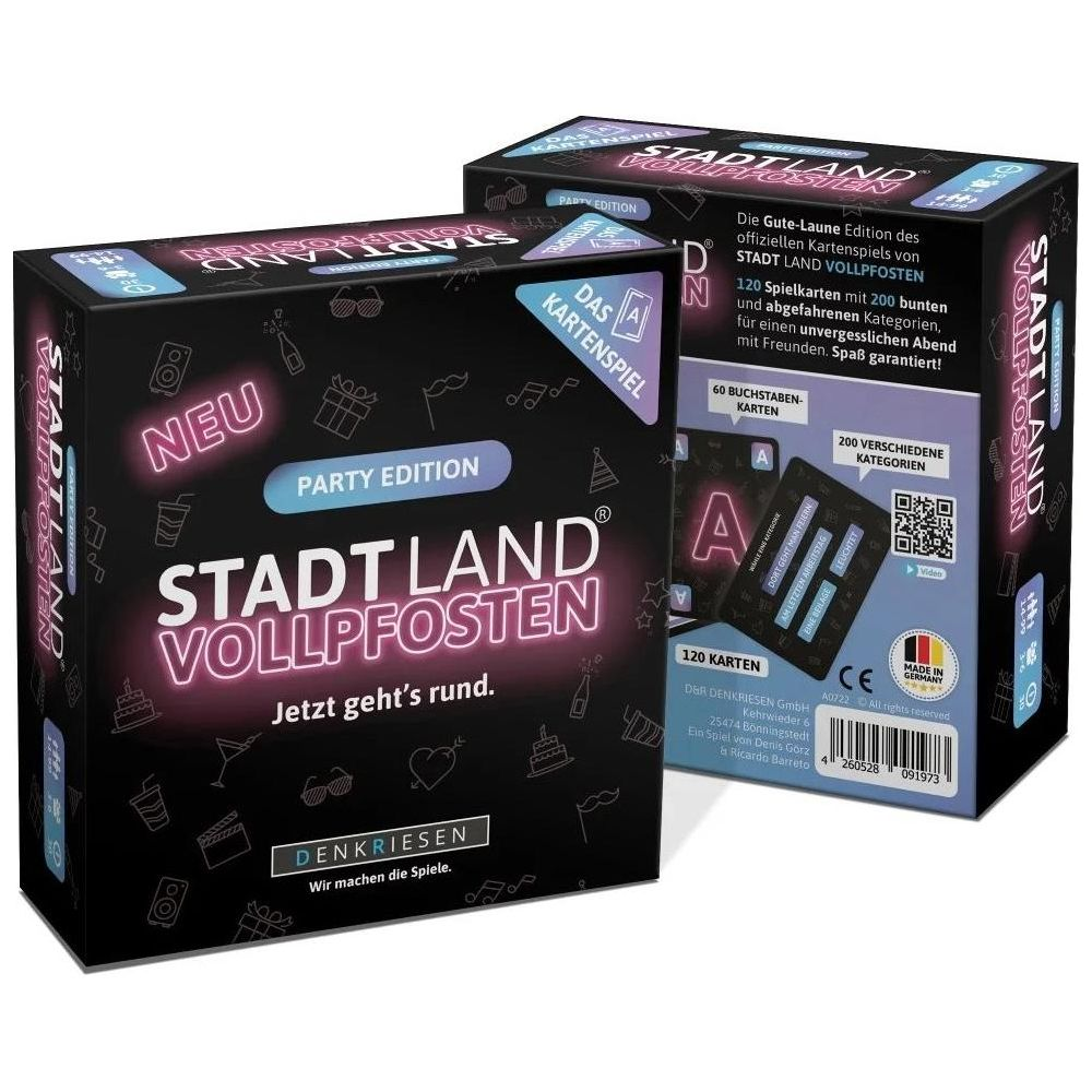 Kartenspiel "Stadt Land Vollpfosten", Party Edition, mit 120 Karten und vielen Kategorien.