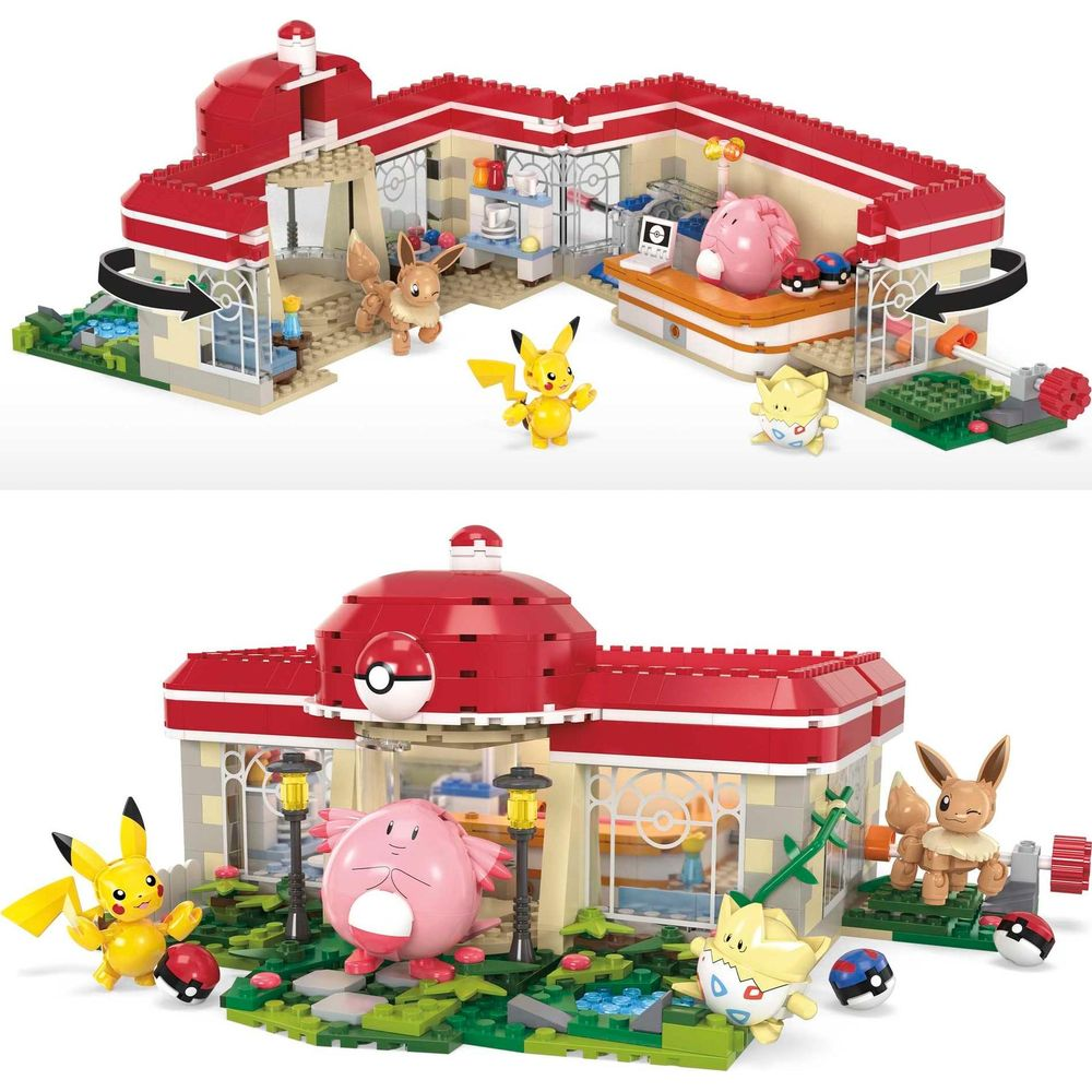Ricostruzione Lego di un centro Pokémon con Pikachu, Eevee, Chansey e Togepi.