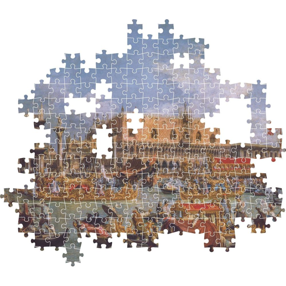 Niekompletne puzzle przedstawiające wenecką scenę z łodziami i budynkami.