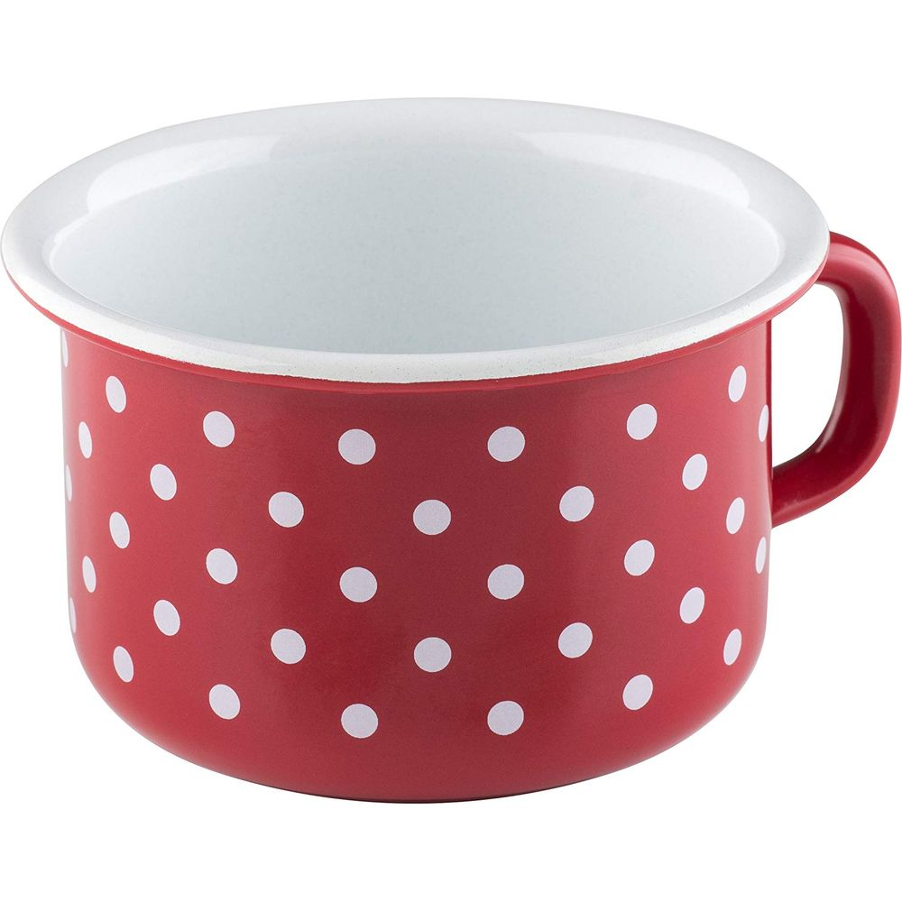 Rote Emaille-Tasse mit weißen Punkten und weißem Rand.