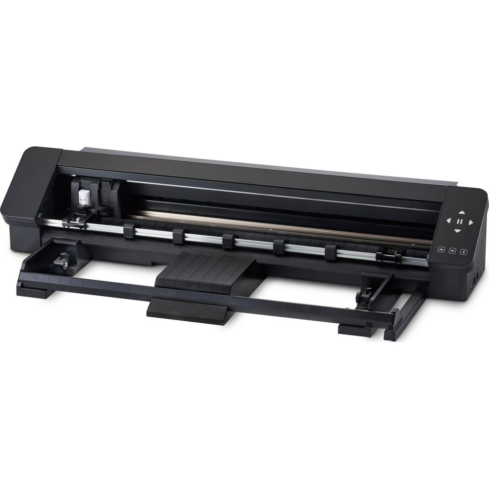 Un plotter da taglio nero con carrello lama bianco e pannello di controllo.