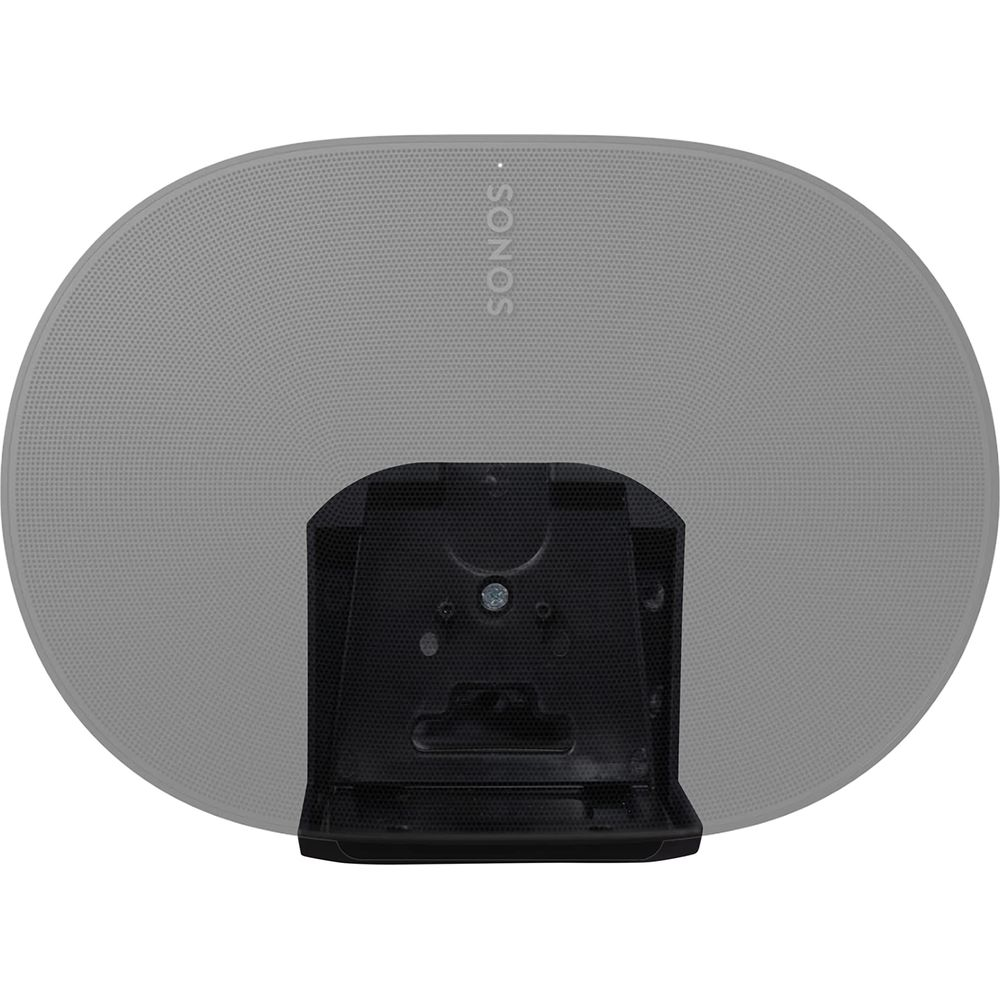Grijze Sonos speaker met zwarte houder, van achteren gezien.