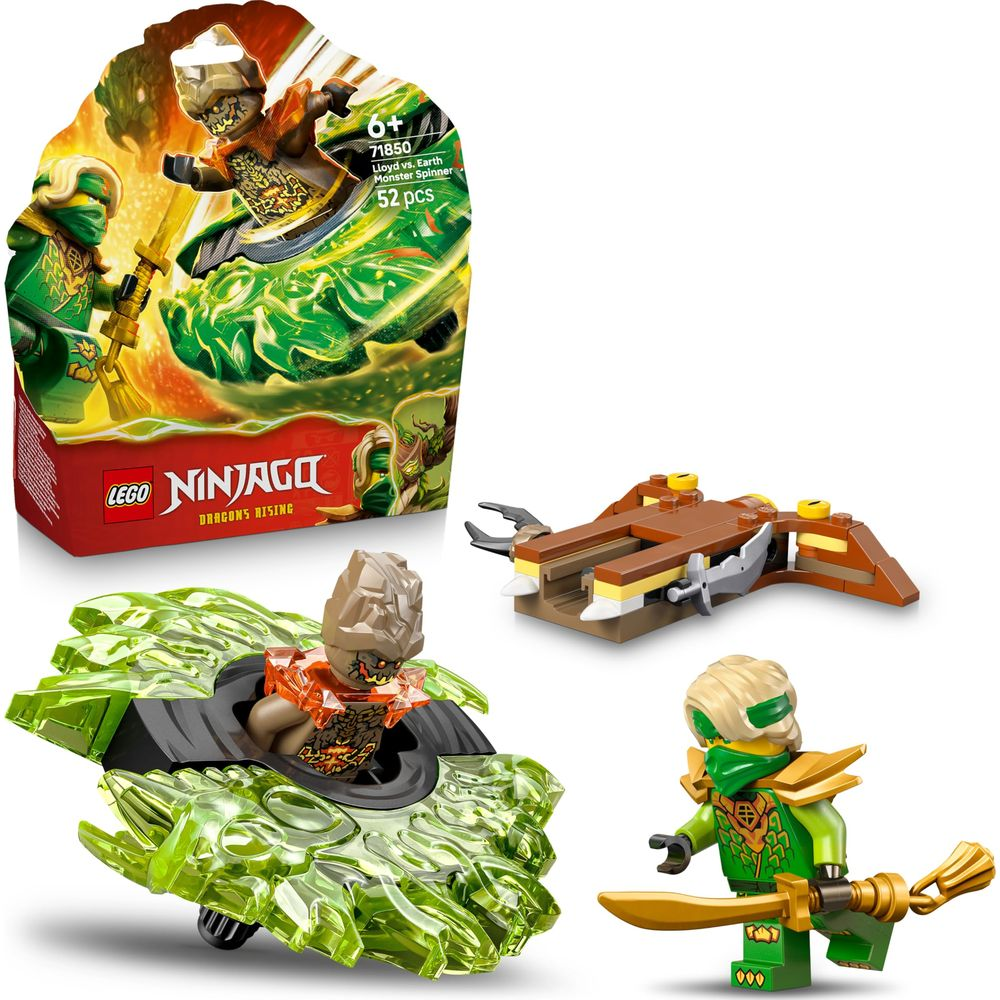 Set LEGO Ninjago con figure verdi e marroni, trottola giocattolo e veicolo.