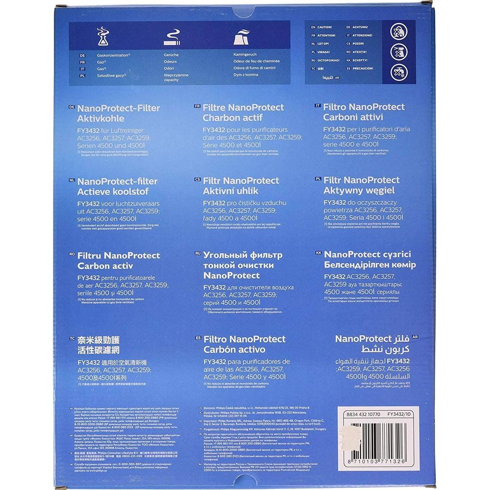 Embalaje de filtro de carbón NanoProtect FY3432 con detalles multilingües del producto.