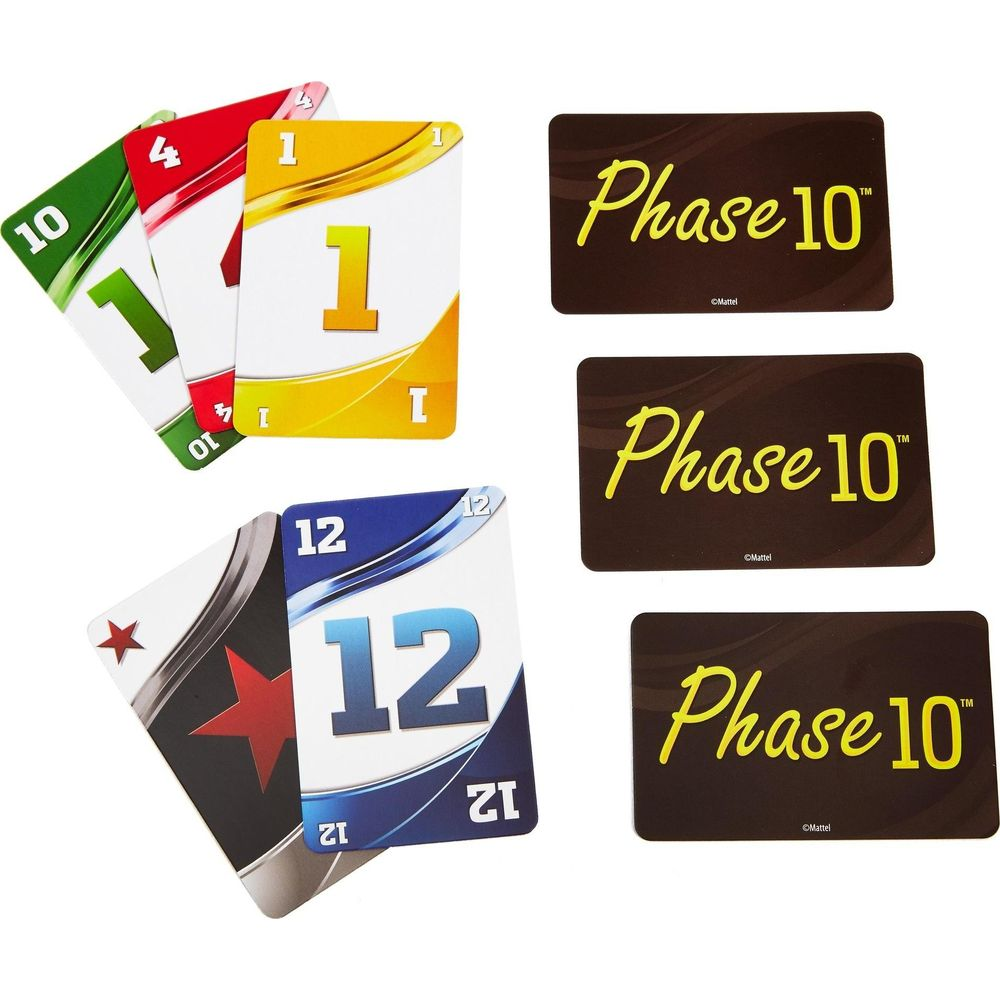Karty do gry z numerami 1, 4, 10, 12 i logotypami Phase 10.