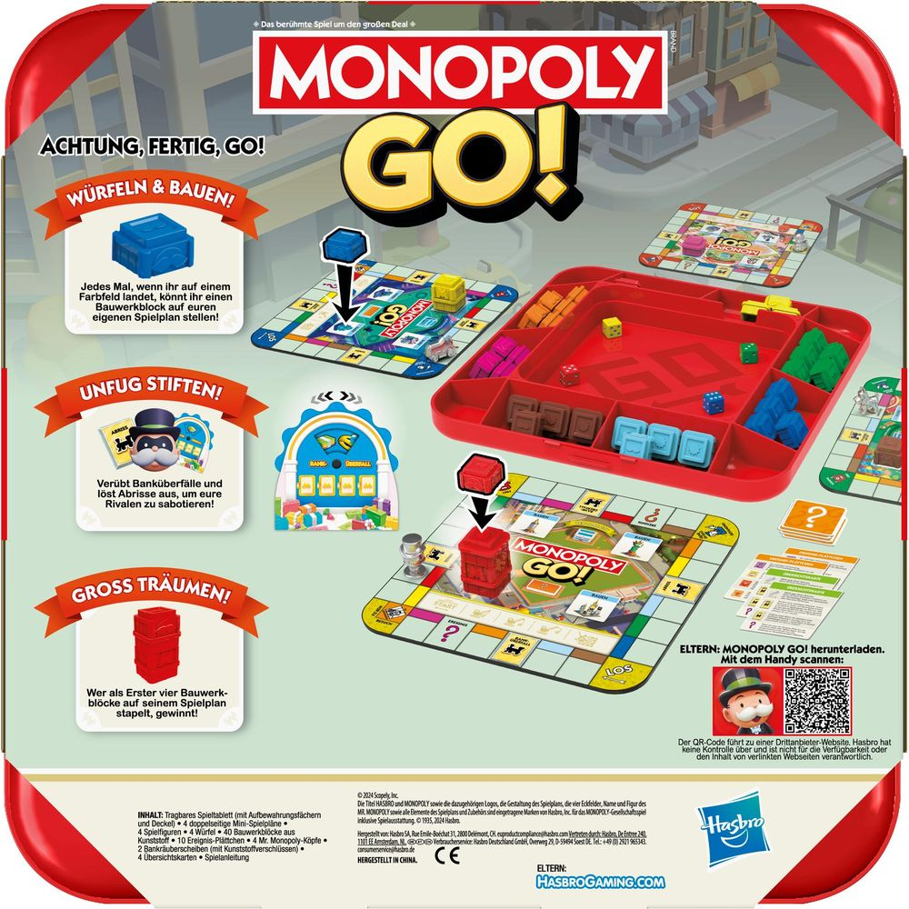 Tabellone del gioco Monopoly GO! con pezzi, dadi e carte.