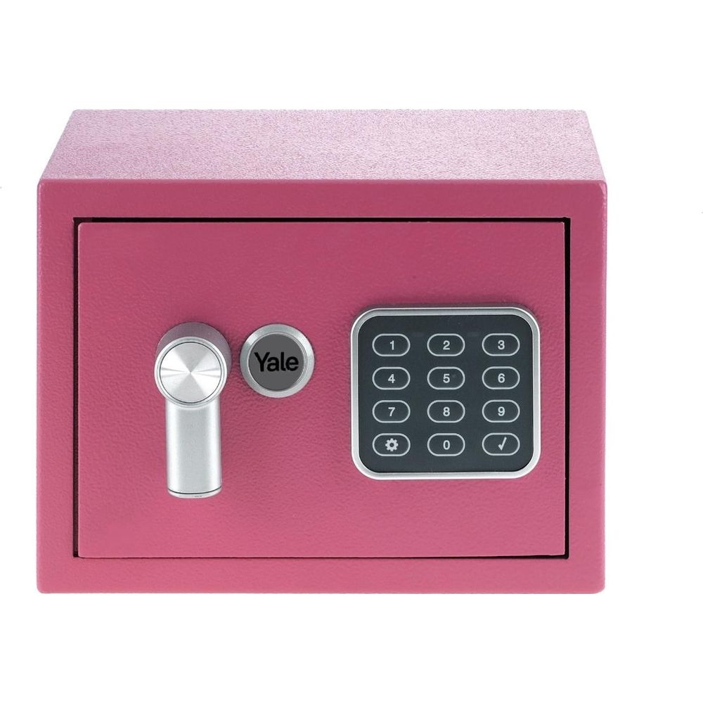 Una cassaforte rosa con maniglia argentata e tastierino digitale.