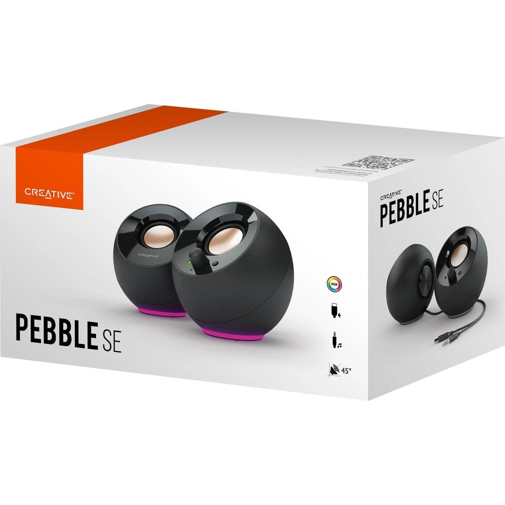 Czarne głośniki Creative Pebble SE z różowymi akcentami na białym opakowaniu.