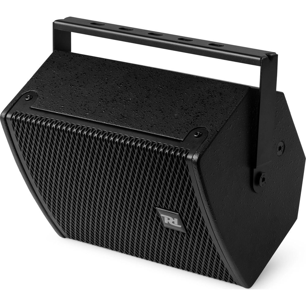 Altavoz negro con asa y frontal de rejilla.