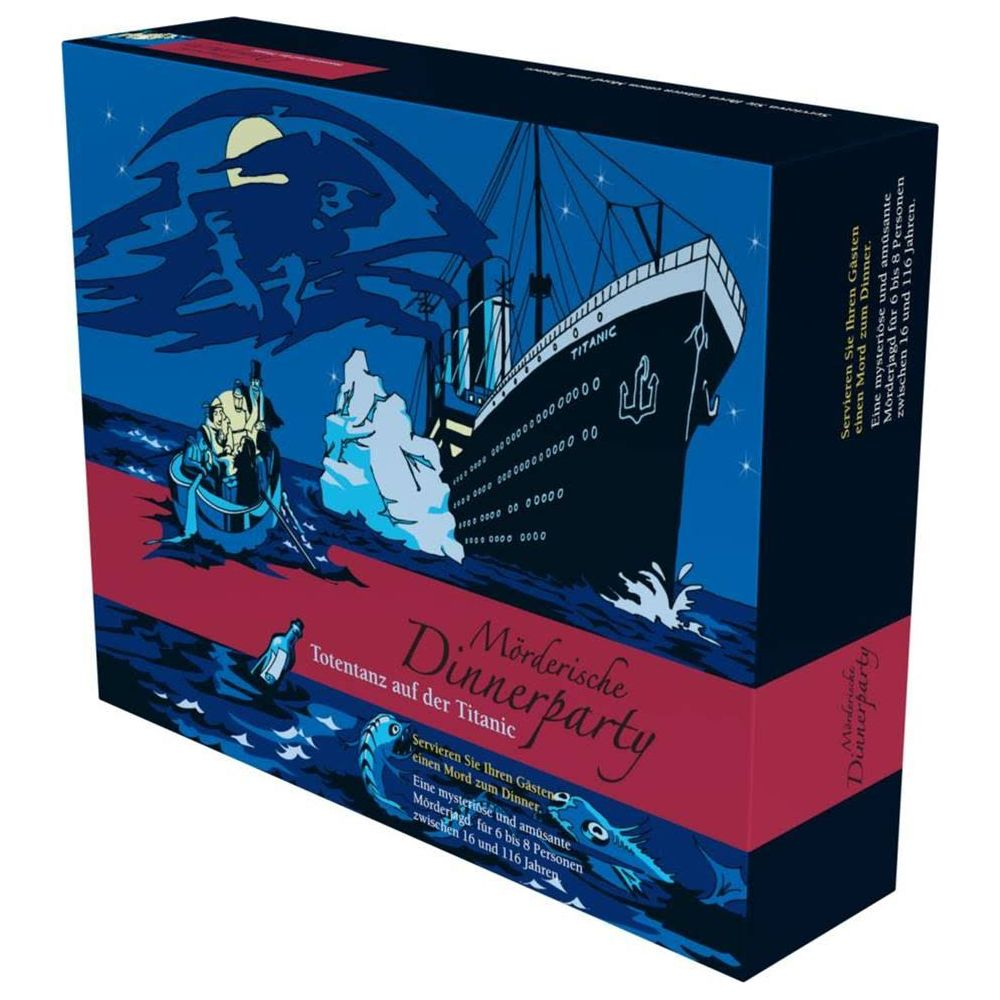 Eine Schiffsillustration mit Eisberg und einem Boot bei Nacht.