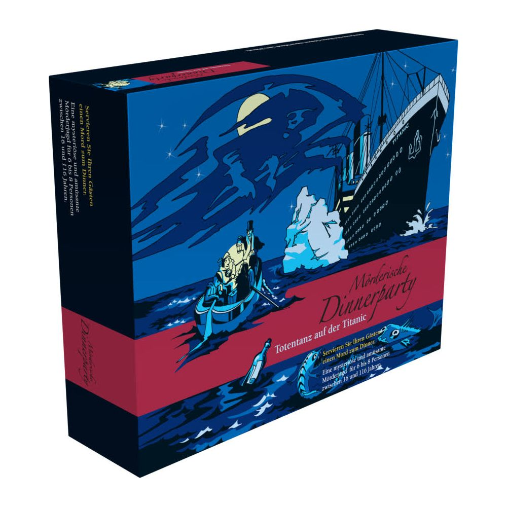 Titanic Dinnerparty Spielbox mit Schiff, Boot, Eisberg und Mond. Dunkelblau.