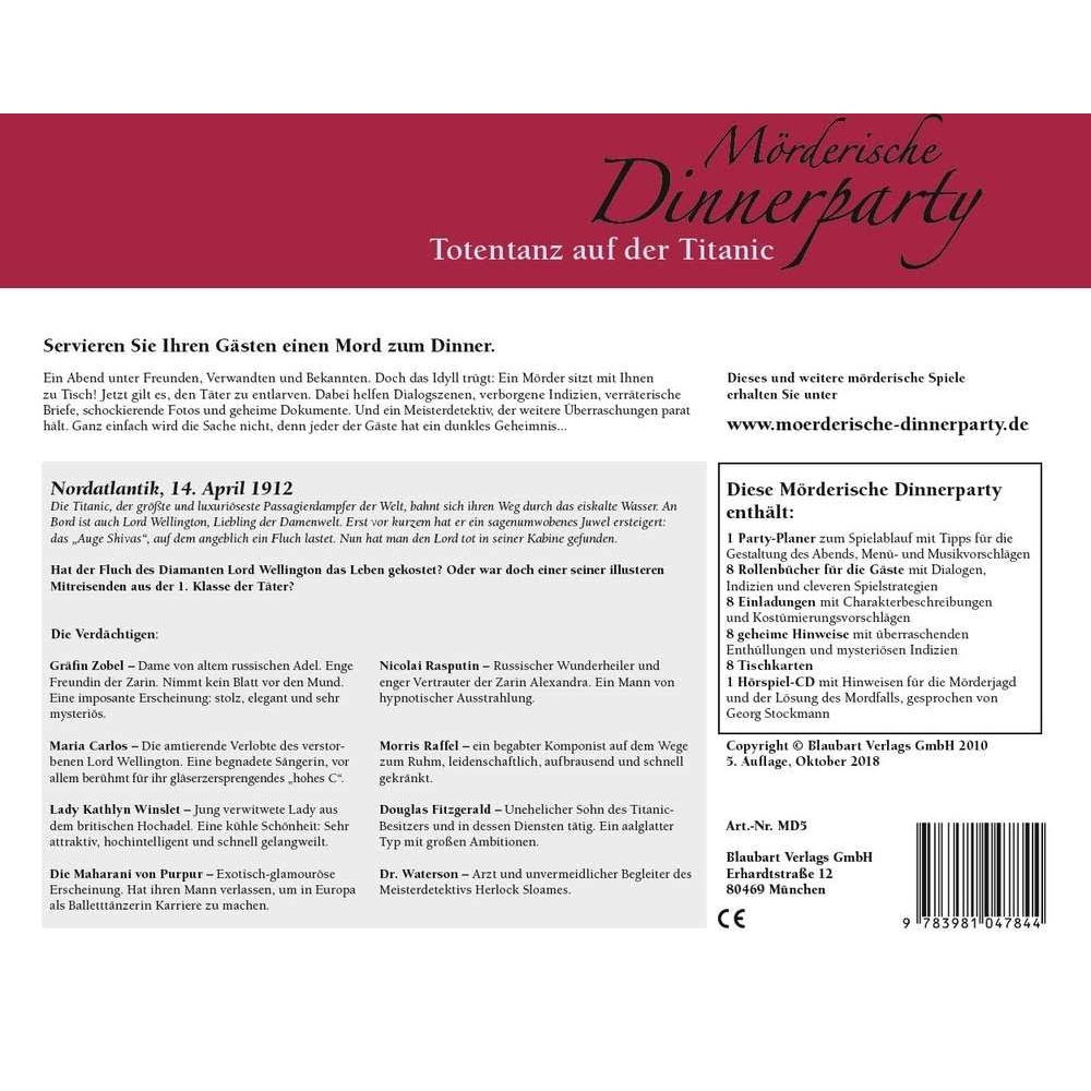 Ein Flyer für ein Krimidinner-Spiel namens 'Mörderische Dinnerparty' mit Texten und Charakteren.
