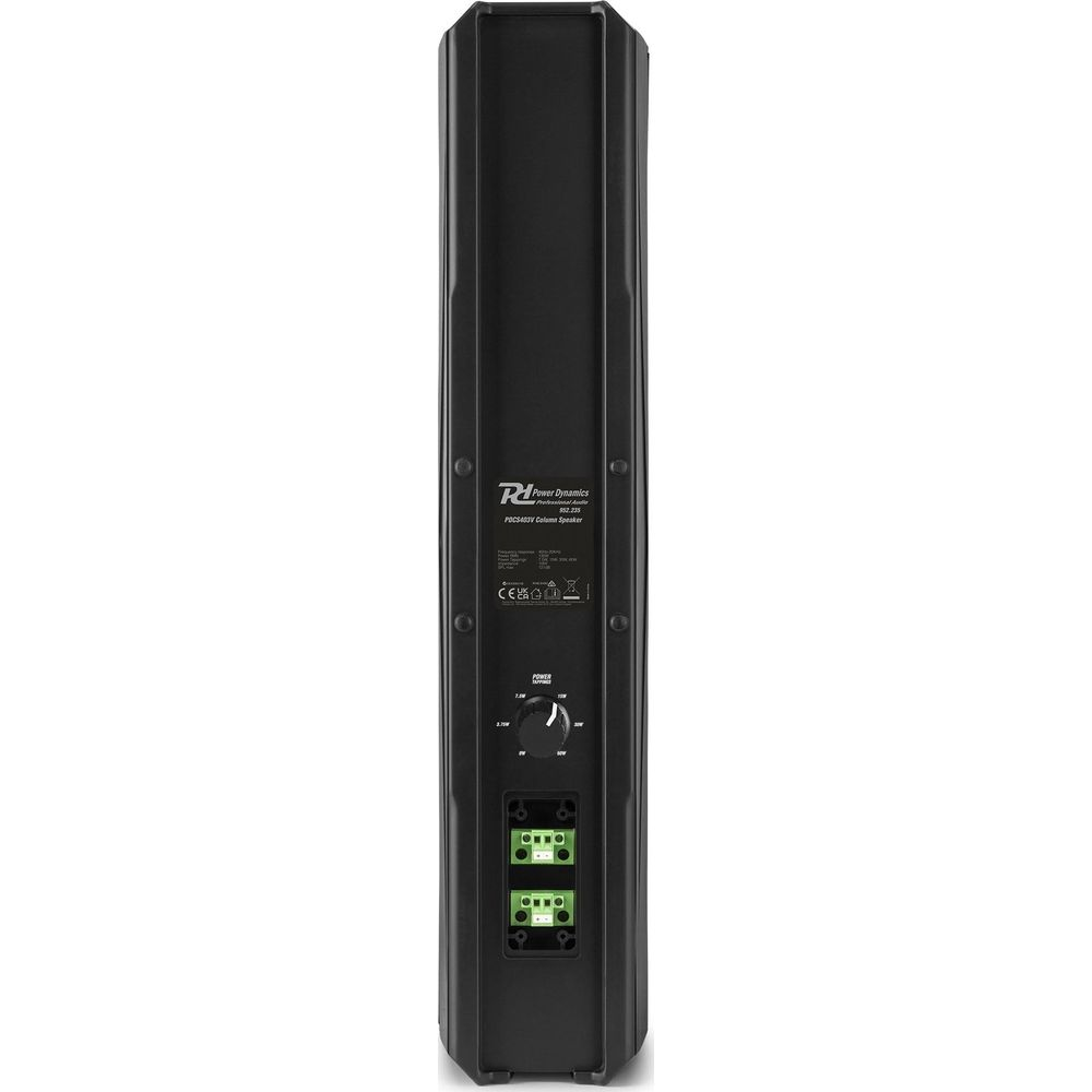 Altavoz de columna negro con conectores y logo.
