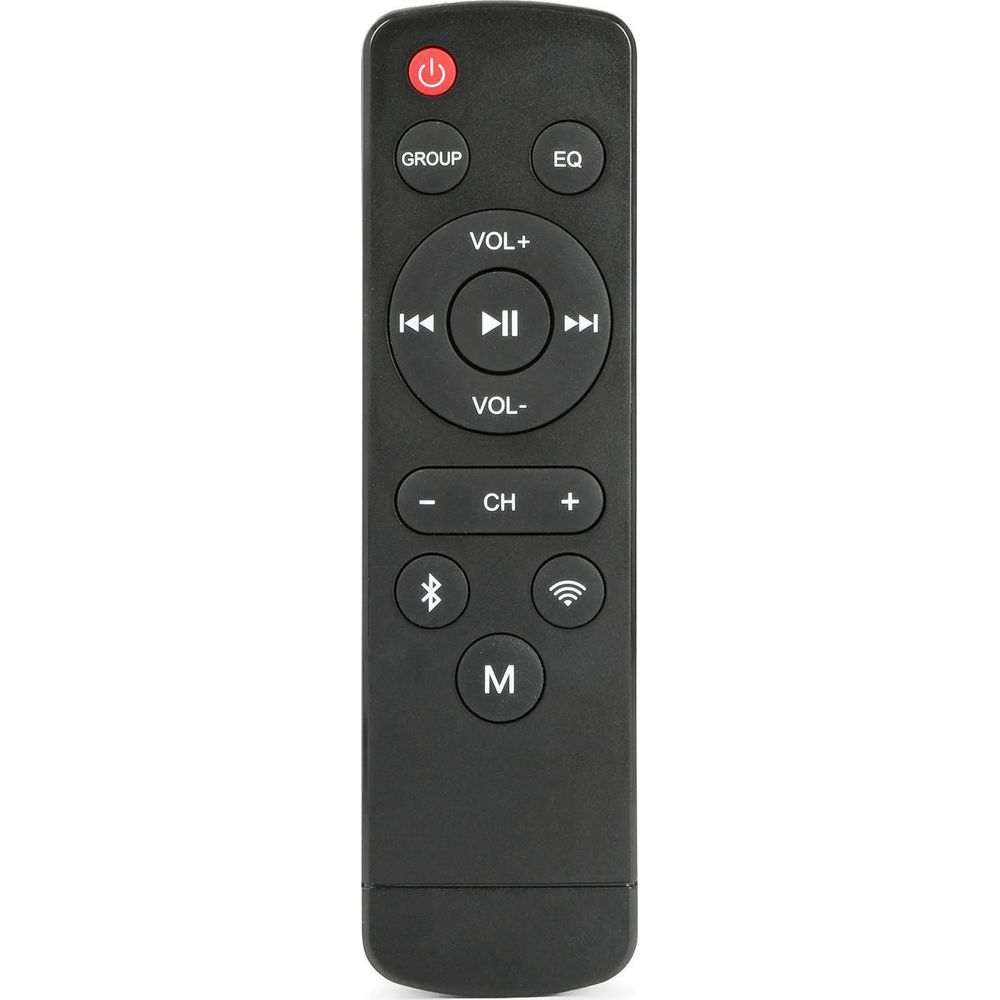 Mando a distancia negro con botones de encendido, volumen, reproducción y canal.