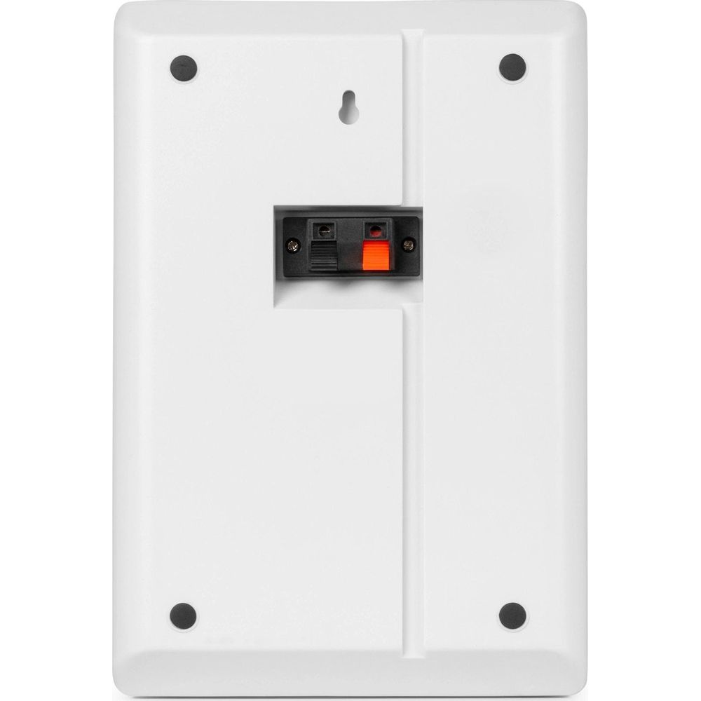 Panel trasero blanco con terminales de altavoz y agujeros de montaje.