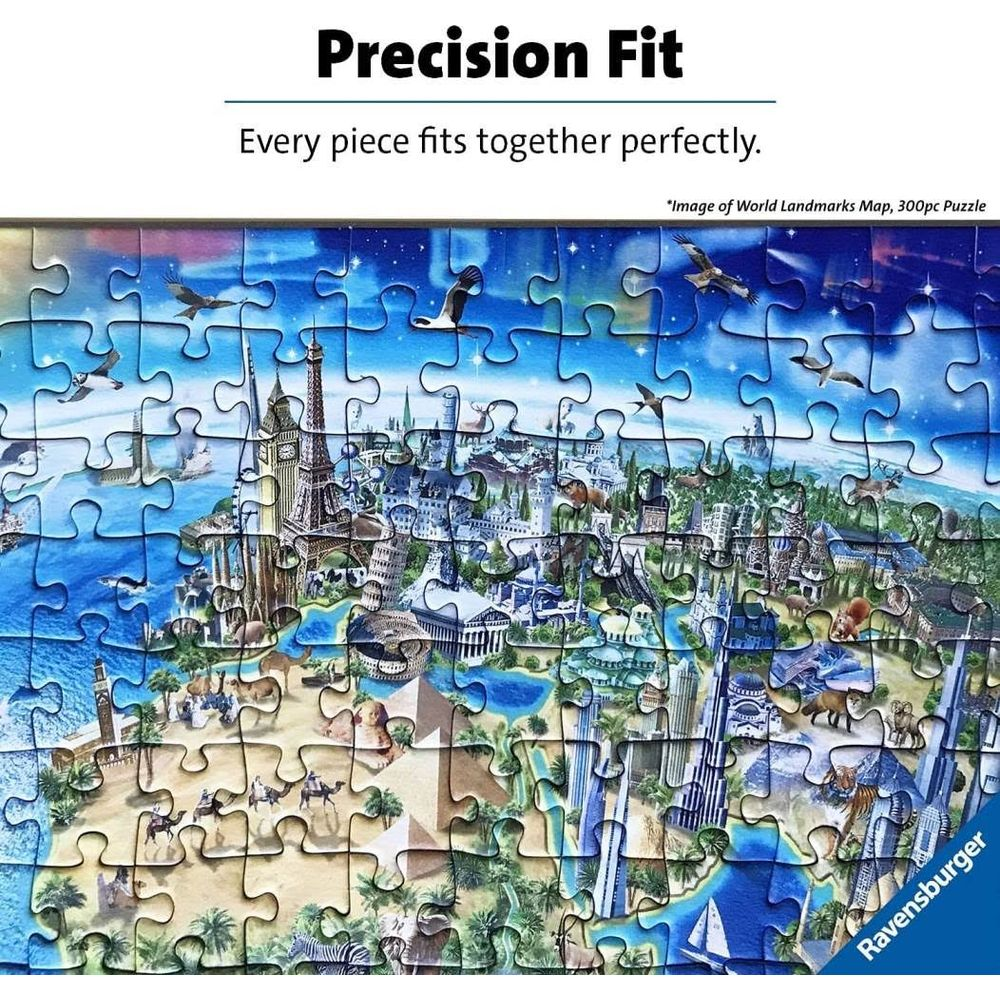 Puzzle mapa światowych zabytków ze zwierzętami na niebie.