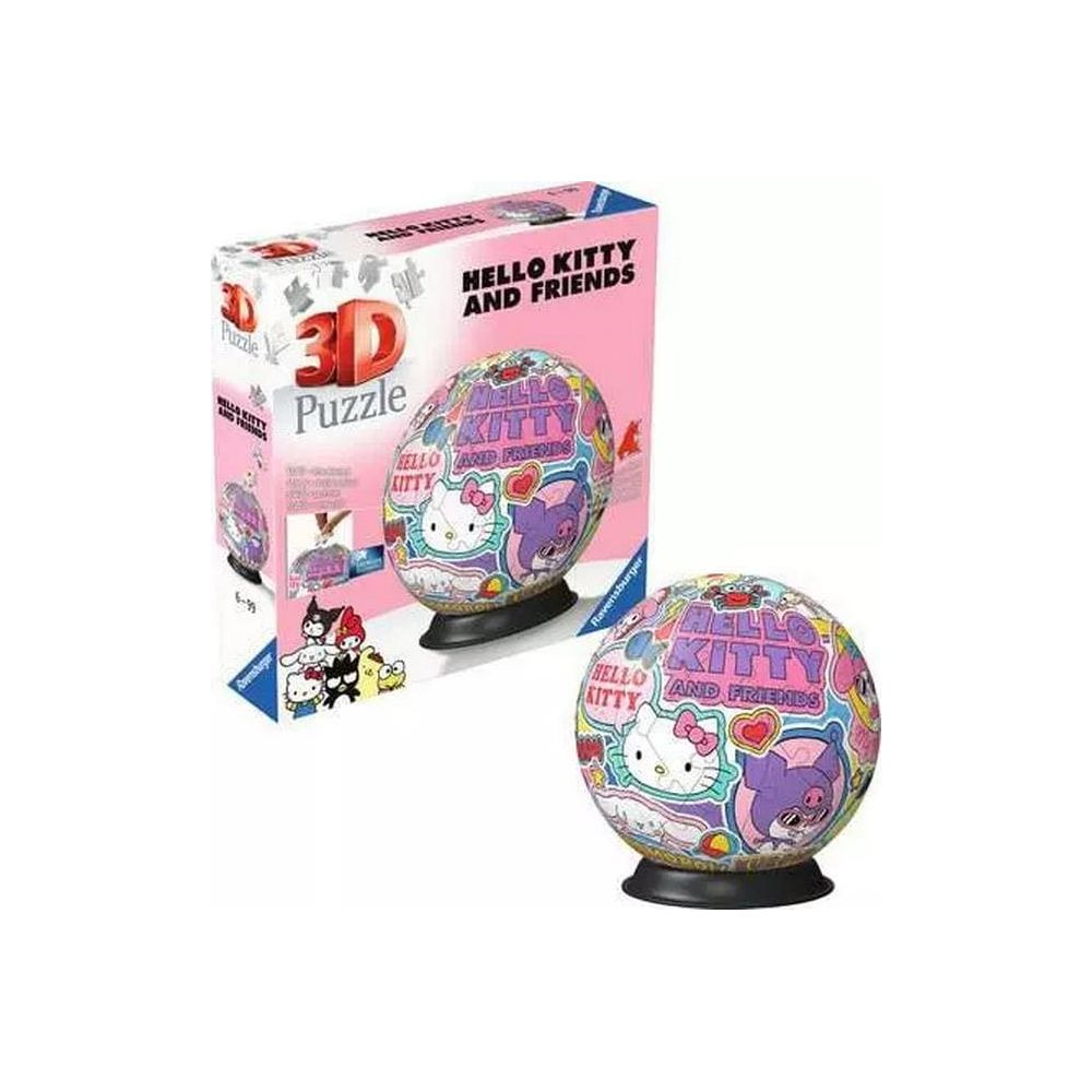 Pudełko z puzzlami 3D Hello Kitty i ukończona kula z Hello Kitty i przyjaciółmi.