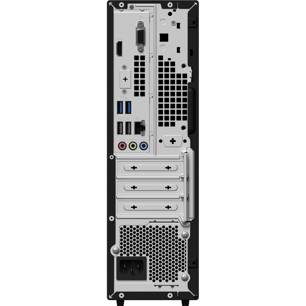 Vista posteriore di un PC nero che mostra le porte: HDMI, VGA, USB, audio e alimentazione.
