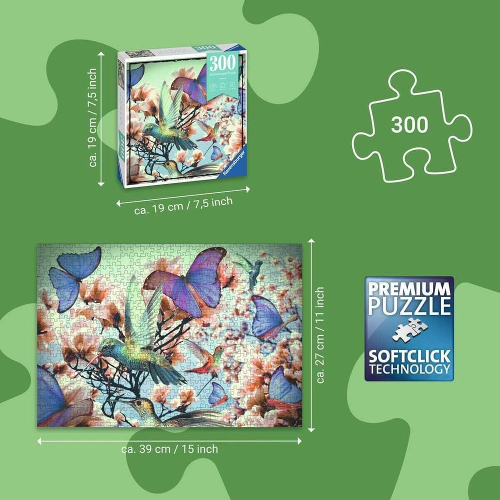 Puzzle 300 elementów z kolibrem i motylami.