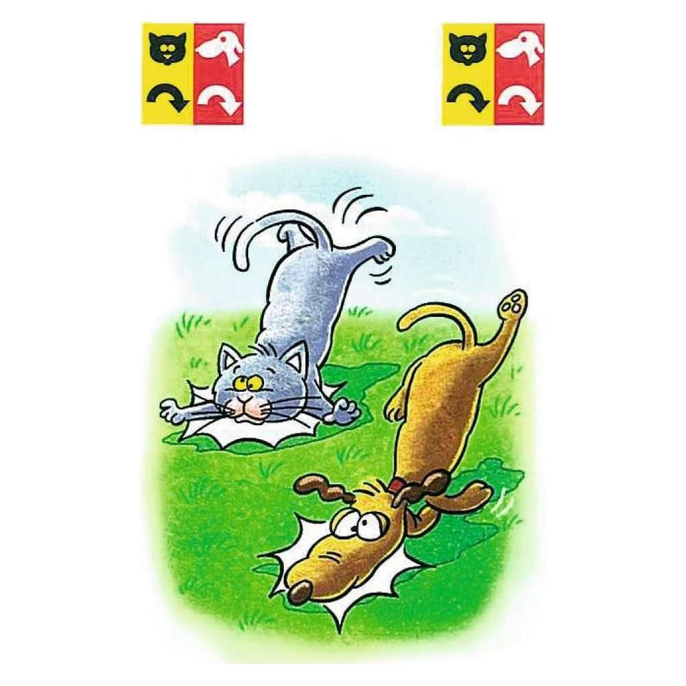 Ein graue Katze und zwei Hunde spielen im Gras. Symbole oben.