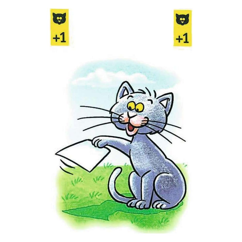 Eine blaue Katze sitzt im Gras und hält ein Blatt Papier.
