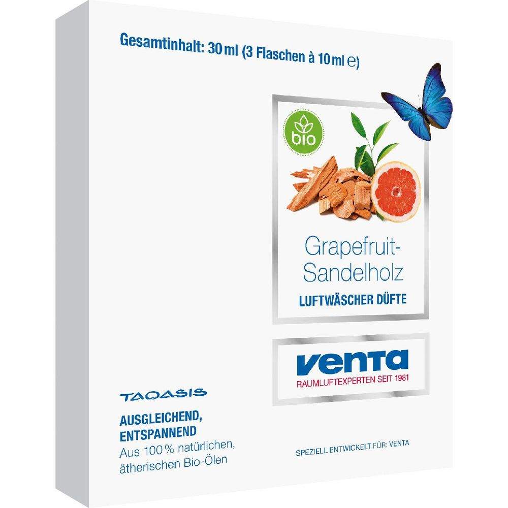 Weiße Schachtel für Grapefruit-Sandelholz Lufterfrischer, mit einer Grapefruit-Hälfte, Holzspänen und einem blauen Schmetterling.