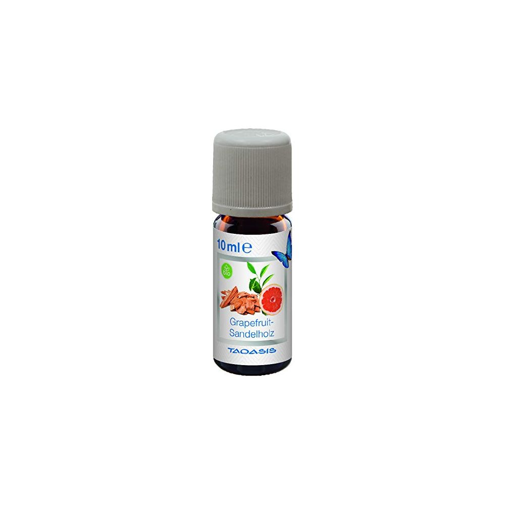 Kleine braune Flasche mit grauem Deckel, Etikett zeigt Grapefruit und Sandelholz.
