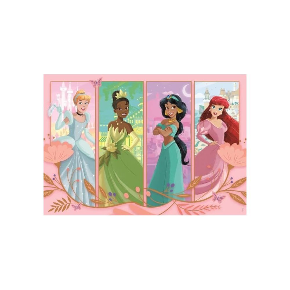 Cztery księżniczki w sukniach: Kopciuszek, Tiana, Jaśmina i Ariel.